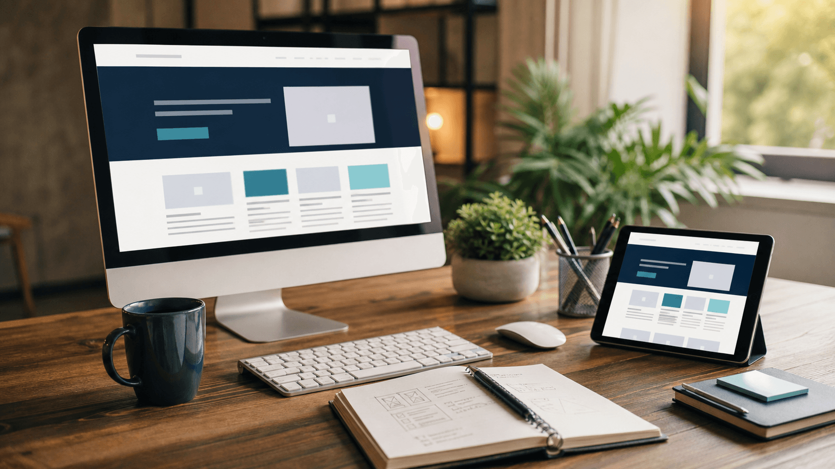 Moderner Arbeitsplatz mit Website-Entwürfen auf Monitor und Tablet